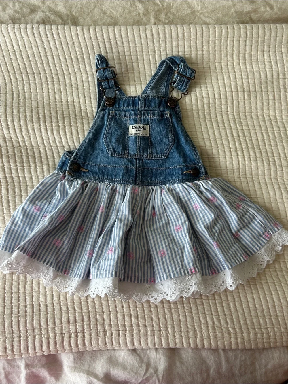 OshKosh B'gosh Denim Overall Dress with Blue Stripe & Pink Floral